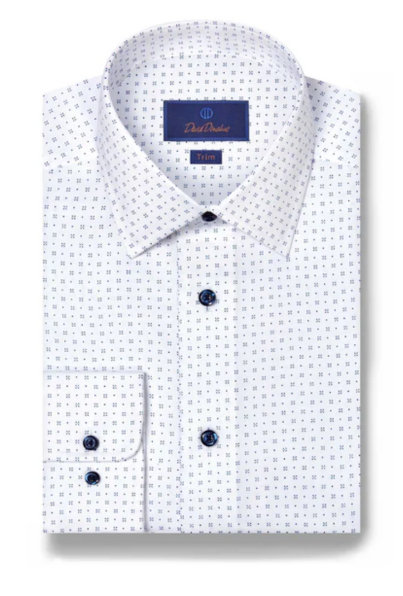 David Donahue White & Blue Neat Print Dress Shirt