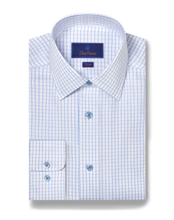 David Donahue White & Blue Grid Check Dress Shirt