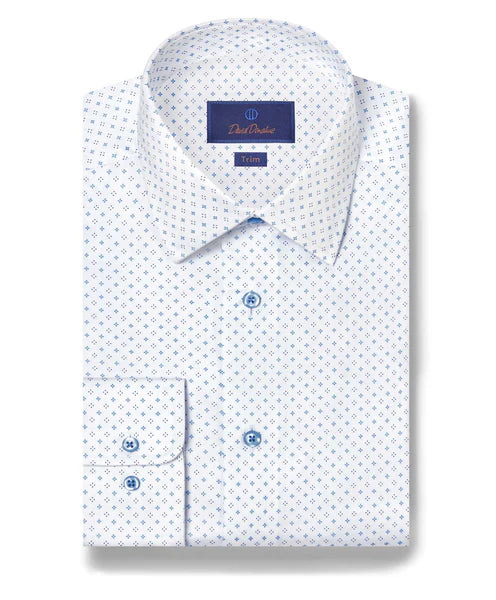 David Donahue White & Blue Neat Diamond Print Dress Shirt