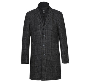 Mens Wool Blend Black/White Windowpane 3/4 Length Winter Coat with Neck Liner - Savile Lane