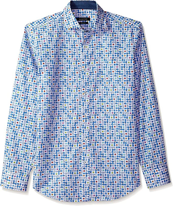 Bugatchi Men's Modern Print Fitted Long Sleeve Spread Collar Shirt