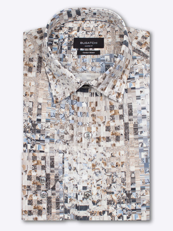 Bugatchi Multi Tile Print Shaped Fit Shirt-Stone